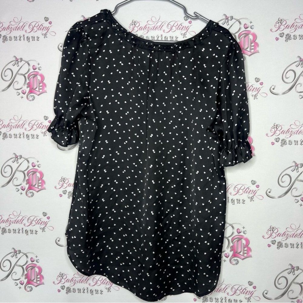 Blousology heart printed polka dot blouse top flowy cute casual black white - Picture 2 of 7